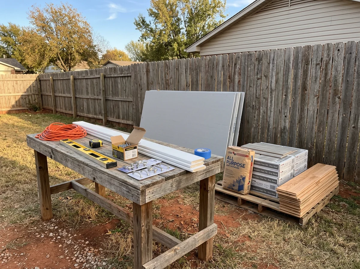 Environmental photo of tools and materials used for home remodeling and repair work. No people are shown in this image.
