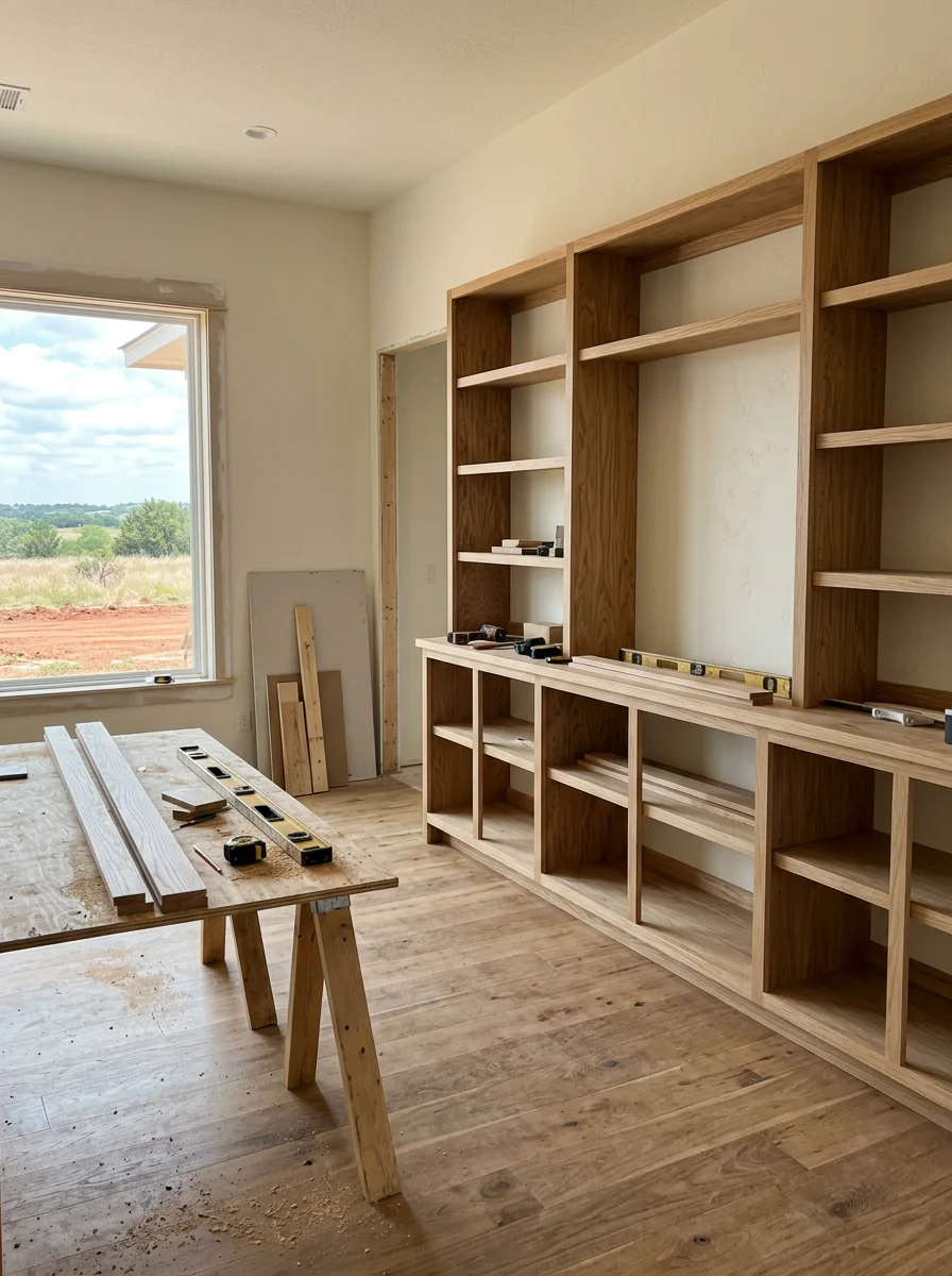 Interior of a new construction Blanchard home showing custom built-in shelving and freshly painted walls in an open floor plan living area.