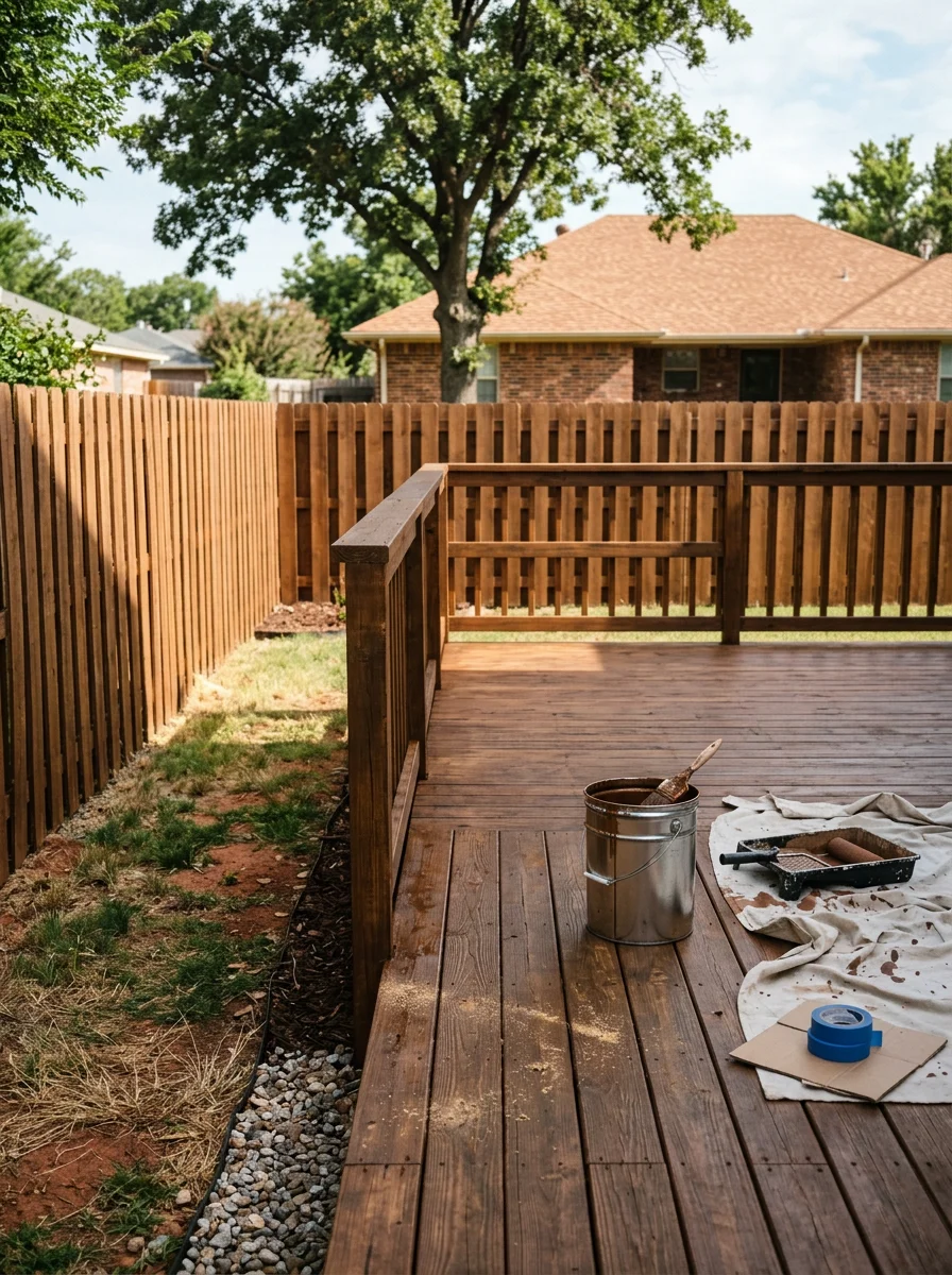 Exterior deck and fence in Edmond, Oklahoma being stained