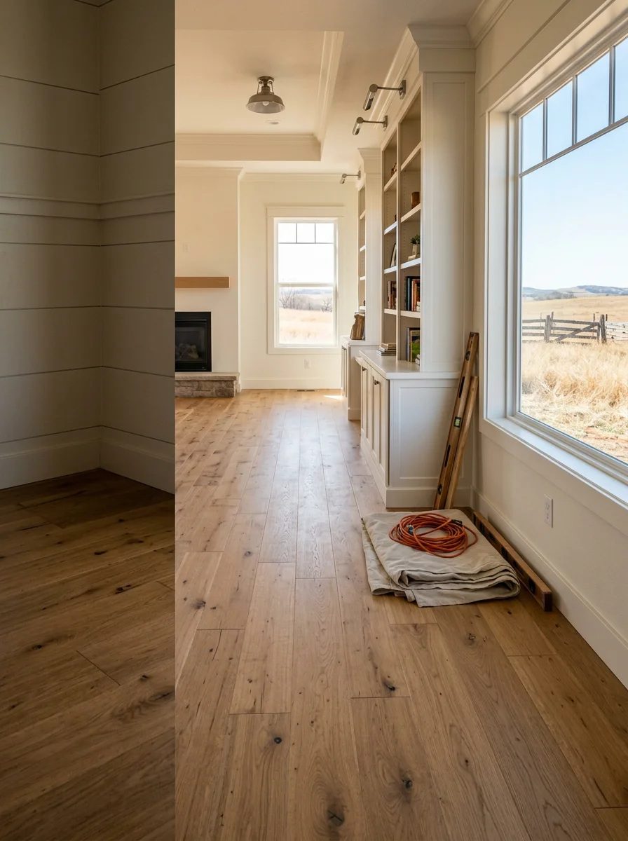 Interior of a Goldsby custom home showing new hardwood flooring and custom built-in shelving installed in an open floor plan living area.