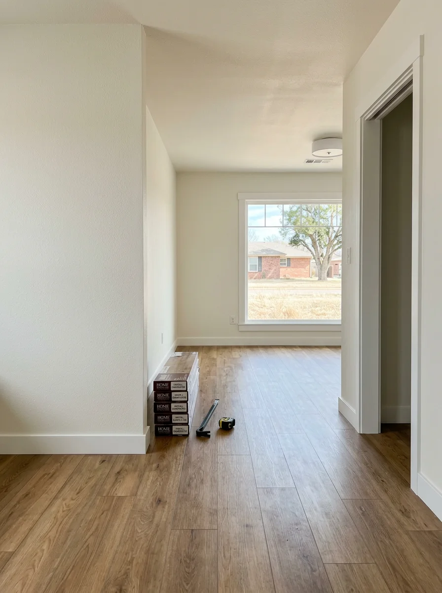 Interior of a Moore home showing new luxury vinyl plank flooring installed in a living room with freshly painted walls and updated door trim.