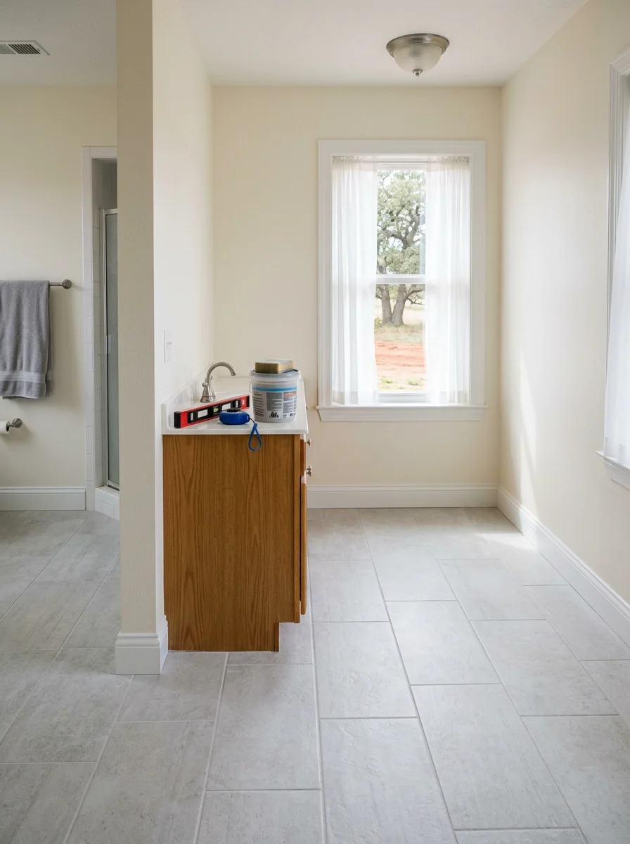 Interior of a Newcastle home showing new tile flooring installed in a bathroom with freshly painted walls and updated trim work.