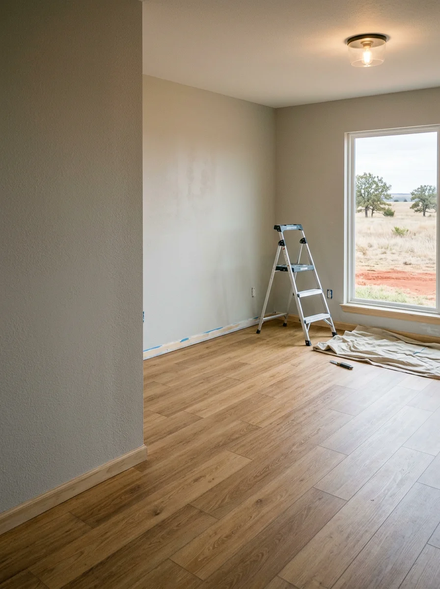 Interior of a Noble home showing new luxury vinyl plank flooring installed in a living room with patched and freshly painted drywall walls.