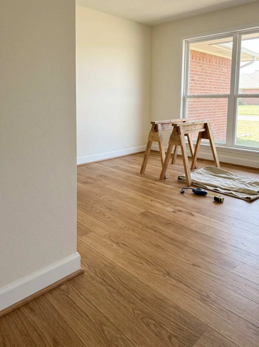 Interior view of a Norman home showing newly installed hardwood flooring and freshly painted walls in a mid-century brick ranch house.