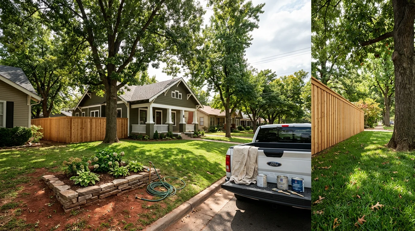 A Norman Oklahoma craftsman-style home with freshly painted exterior trim and a newly installed wood privacy fence on a residential lot near the University of Oklahoma campus.