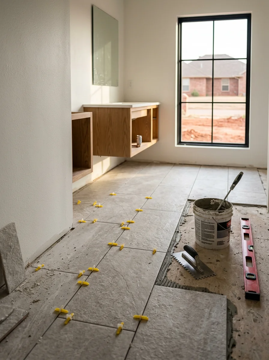 Interior of an Oklahoma City home showing new tile flooring being installed in a bathroom with fresh drywall and painted walls.