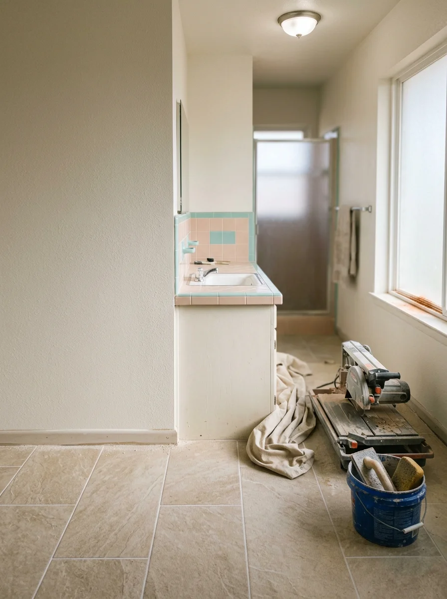 Interior of a Purcell home showing new tile flooring installed in a bathroom with patched drywall and fresh paint replacing original mid-century finishes.