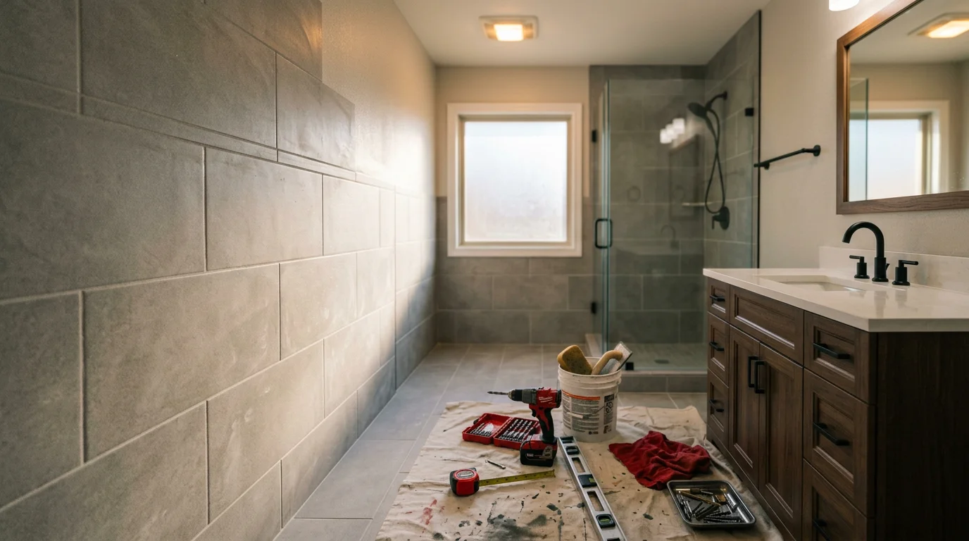 A finished bathroom remodel in a Norman, Oklahoma home showing a new tile shower surround, updated vanity with modern fixtures, and fresh flooring. The space reflects a clean, functional layout typical of Central Oklahoma residential remodeling work by Herndon Home and Property.