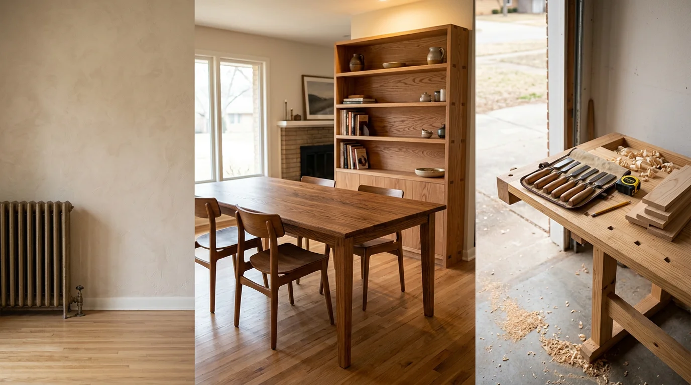 A custom-built wood shelving unit installed in a single-family home in Norman, Oklahoma, fitted precisely to the wall dimensions of a living room. The piece shows clean joinery and a finish consistent with the room's craftsman-style trim.