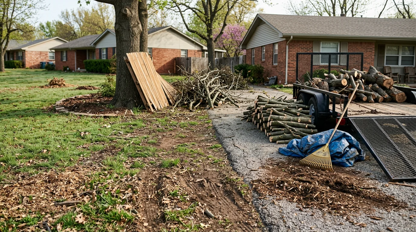A cleared residential yard in Norman, Oklahoma after debris removal, with fallen branches and storm material hauled away and the lawn and driveway fully accessible. A Herndon Home and Property crew works to load the last of the debris into a truck.