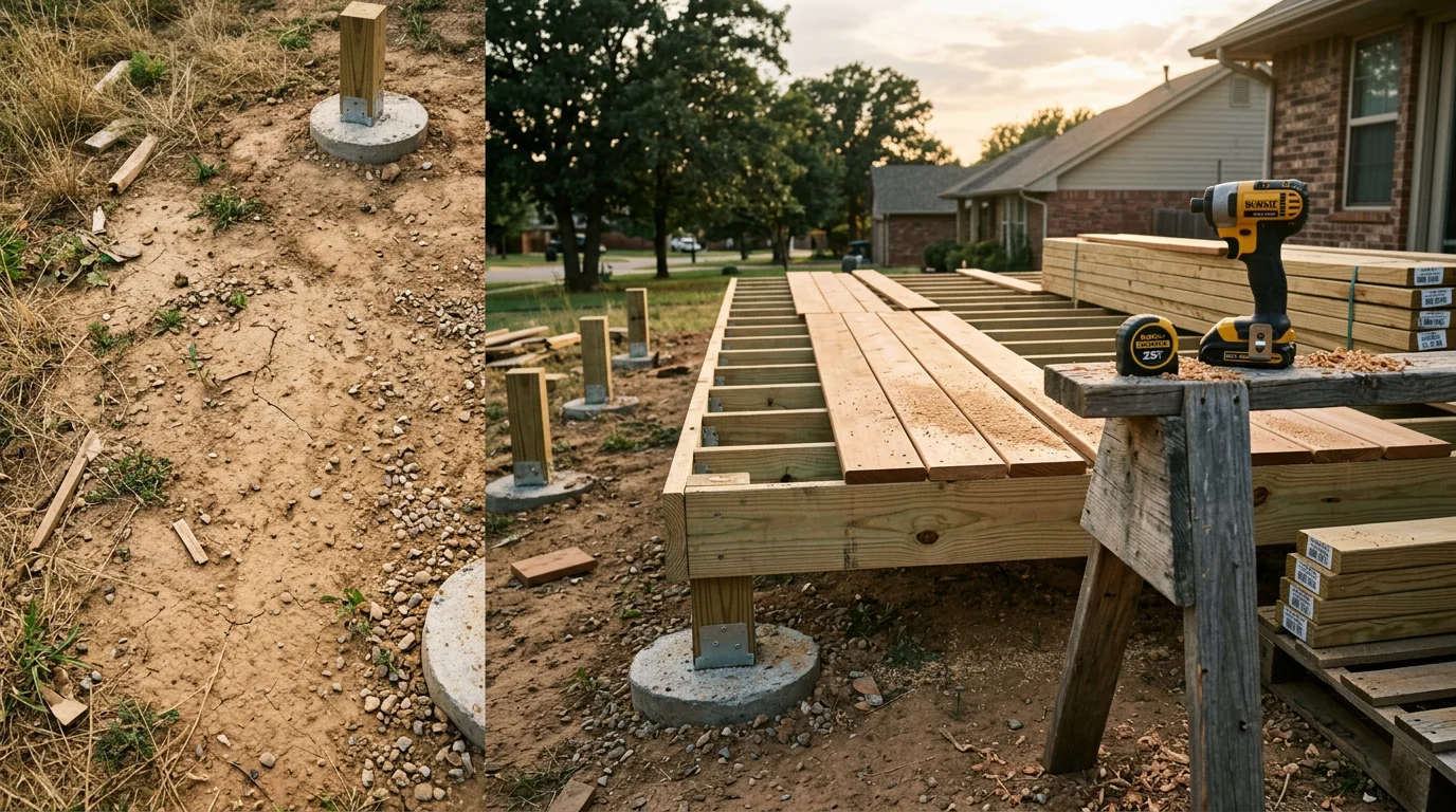 A newly constructed wood deck attached to the back of a residential home in Norman, Oklahoma, with railing and steps leading to a flat backyard. The deck frame and decking surface show clean, finished construction suited to central Oklahoma's outdoor conditions.