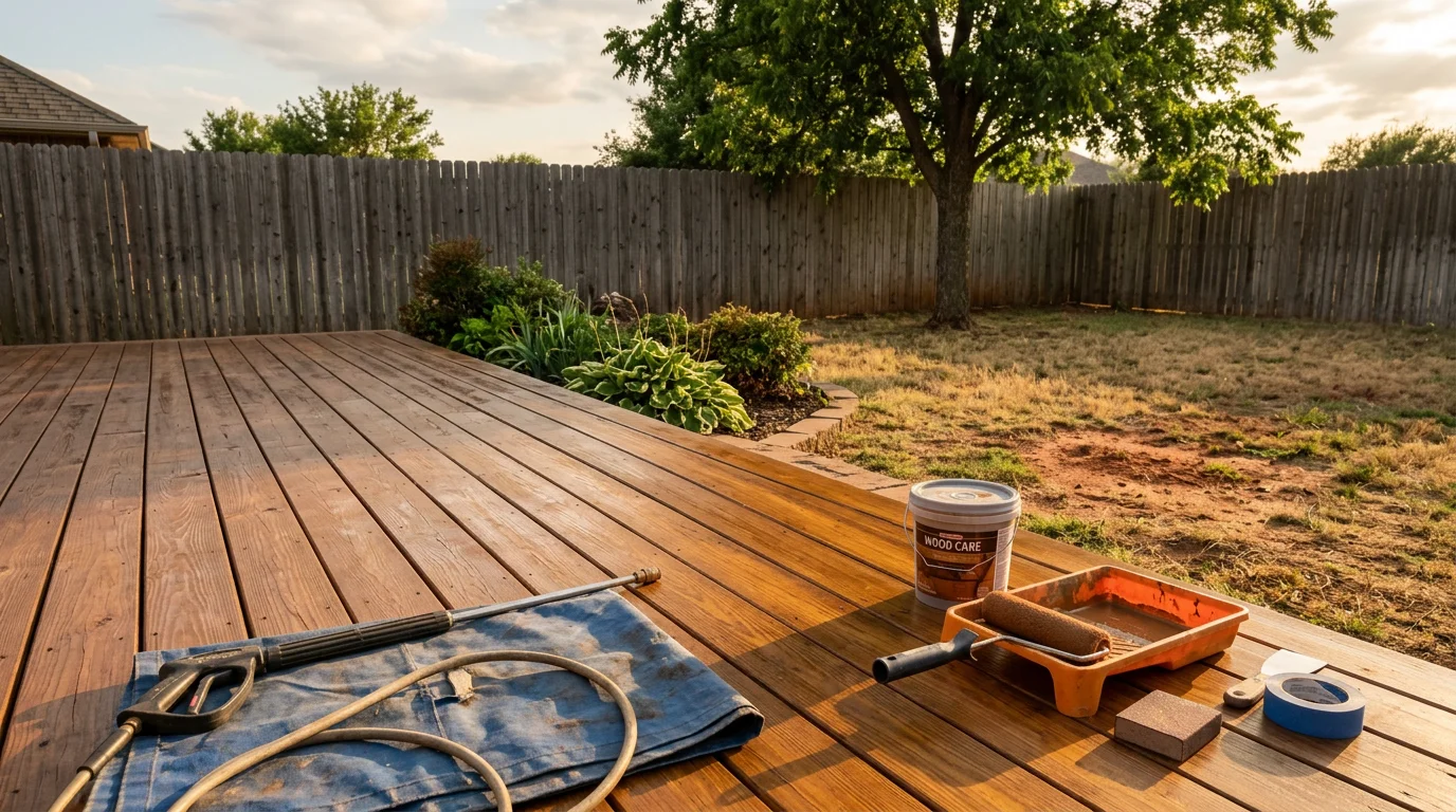 A freshly stained wood deck on a Norman, Oklahoma home, showing even color coverage across pressure-treated boards after cleaning and prep work. The deck surface shows no gray weathering or peeling, with clean edges along the railing posts.