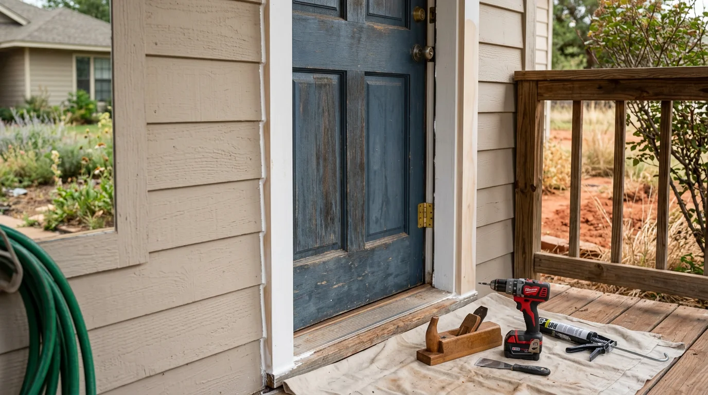 A repaired exterior door frame and freshly restored trim on a single-family home in Norman, Oklahoma. The door closes flush with no visible gaps along the casing.