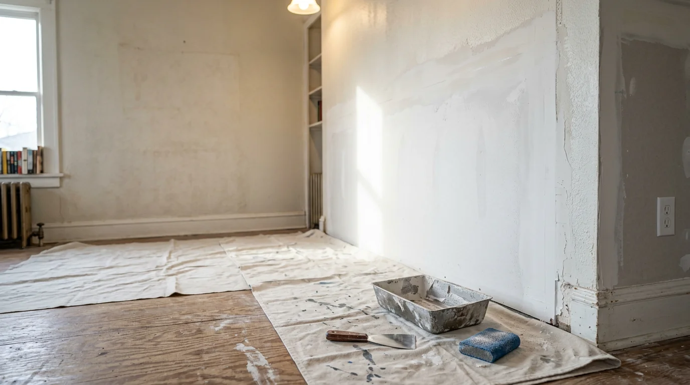 A freshly patched and finish-coated interior wall in a Norman, Oklahoma home, showing a smooth surface ready for paint after drywall repair. The repaired area blends evenly with the surrounding wall texture under natural light.