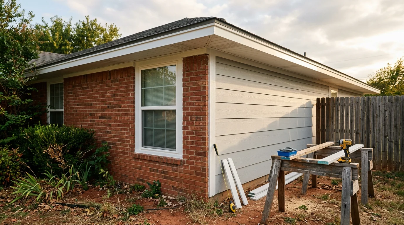 Freshly finished home exterior in Norman, Oklahoma showing clean siding, white fascia trim, and sealed soffit along the roofline. A general contractor completes trim work around a window on a residential property in the Norman area.