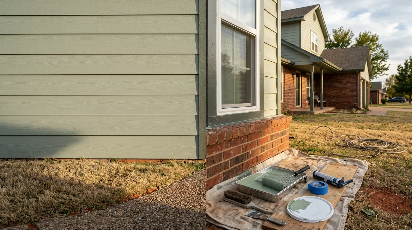 A freshly painted single-family home exterior in Norman, Oklahoma, showing clean siding, painted trim, and a uniform finish on a ranch-style home. The completed exterior painting work is visible across the full front face of the house including fascia and garage door.