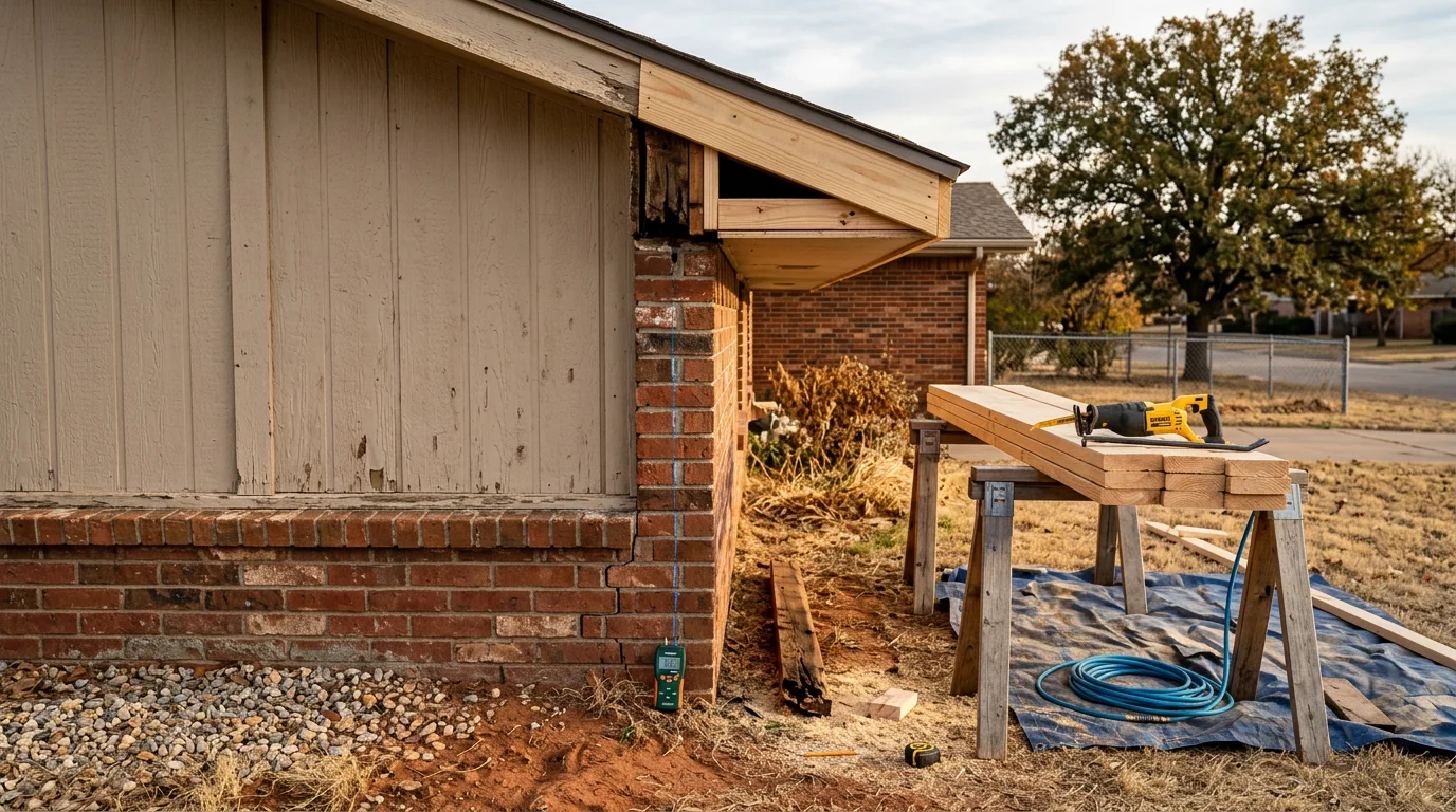 Exterior wall of a Norman, Oklahoma home showing repaired structural framing and replaced siding sections after storm damage. A general contractor inspects the finished repair along the home's exterior.