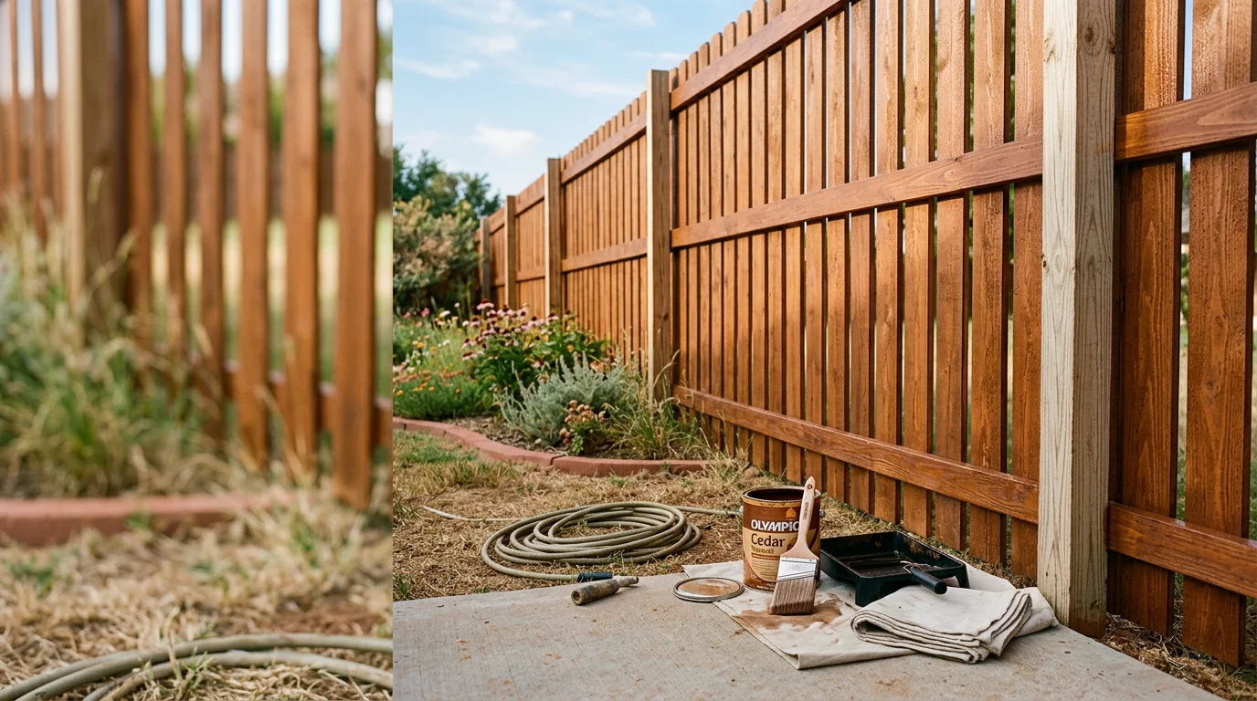 A freshly stained wood privacy fence at a Norman, Oklahoma residential property, showing even color across pickets, rails, and posts. The natural wood grain is visible through the stain finish with no peeling or gray weathering present.