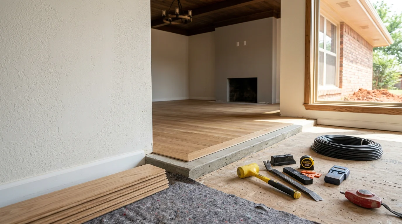Freshly installed flooring in a Norman, Oklahoma home showing clean transitions between rooms and a level, well-prepared surface. A general contractor inspects the finished floor in a single-story slab-foundation house typical of the central Oklahoma area.