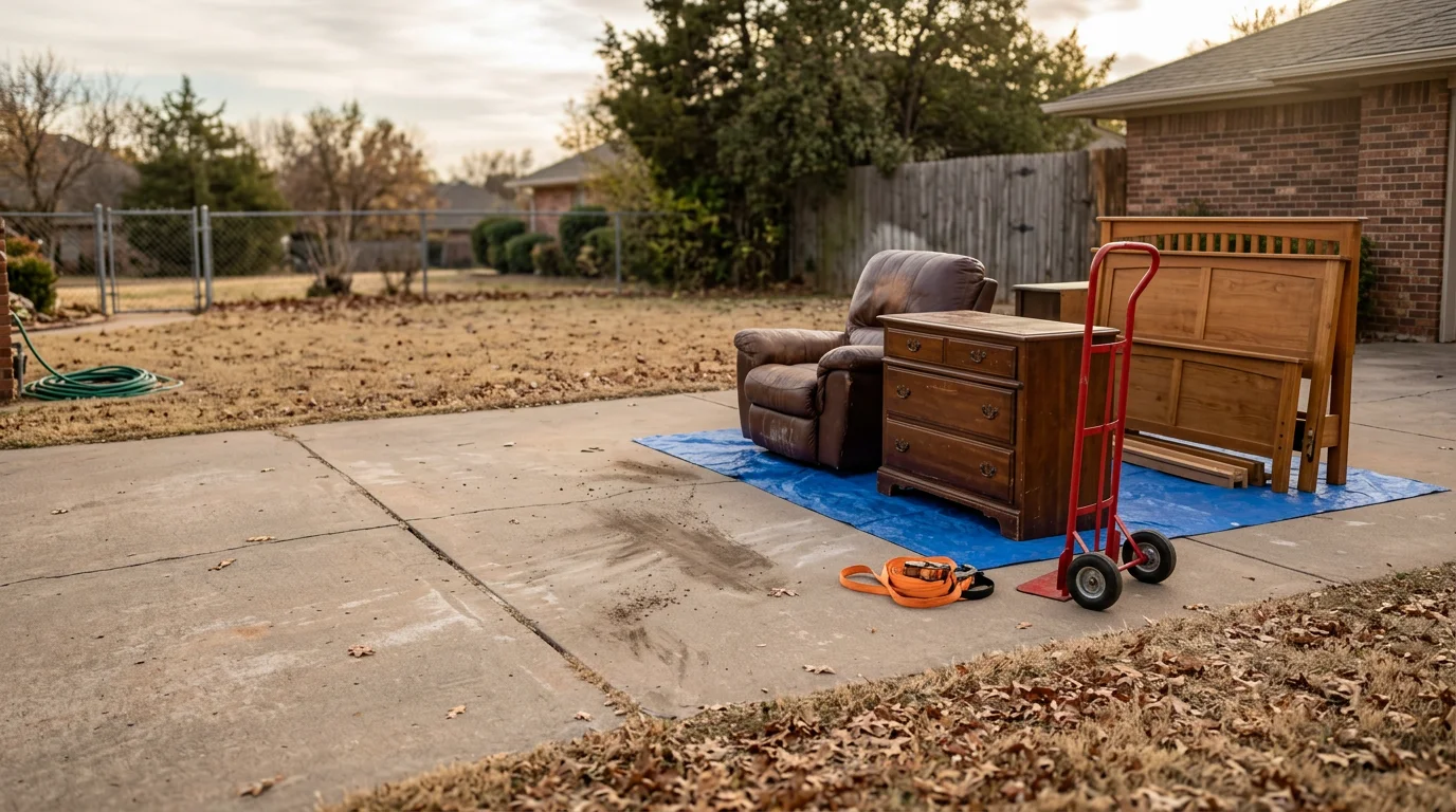 A cleared living room in a Norman, Oklahoma home after furniture removal, with an empty floor space where a sofa and dresser previously sat. A Herndon Home and Property truck is visible in the driveway outside.