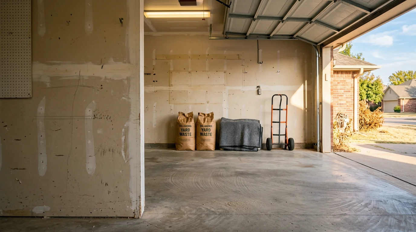 A cleared and empty residential garage in Norman, Oklahoma after a full cleanout, with bare concrete floors and open wall space visible. Old shelving, boxes, and tools have been removed by a junk removal crew.