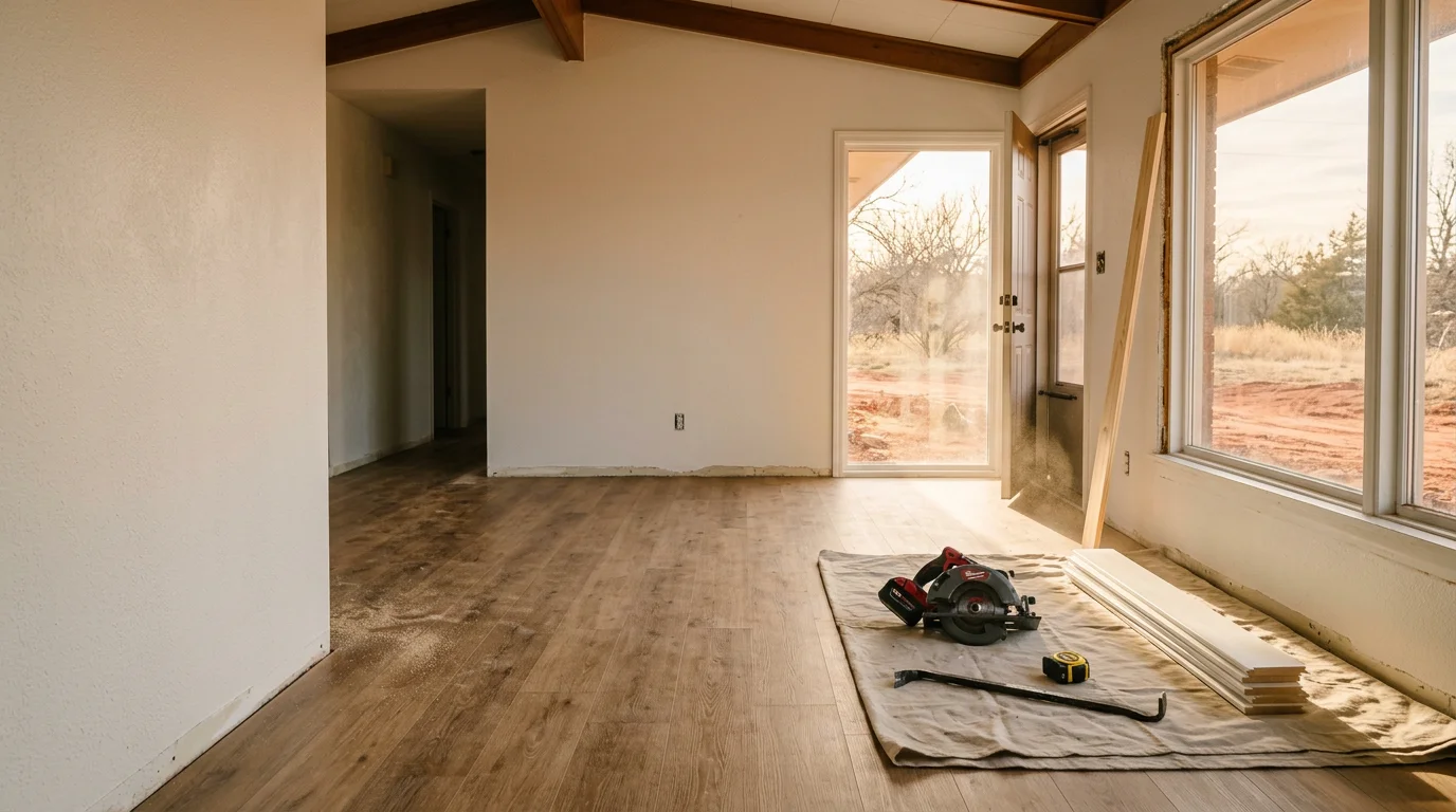 A renovated single-family home interior in Norman, Oklahoma showing updated flooring, fresh trim work, and an open living area. The space reflects the kind of mid-century ranch home renovation common in established Norman neighborhoods.