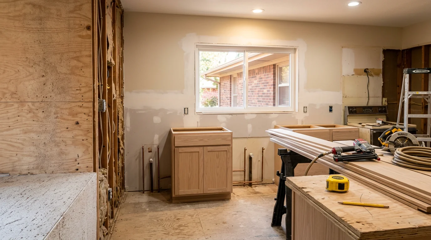 Renovated interior of a single-family home in Norman, Oklahoma, showing updated kitchen layout with new cabinetry and finishes. General contractor renovation work completed by Herndon Home and Property serving the Norman and Oklahoma City metro area.