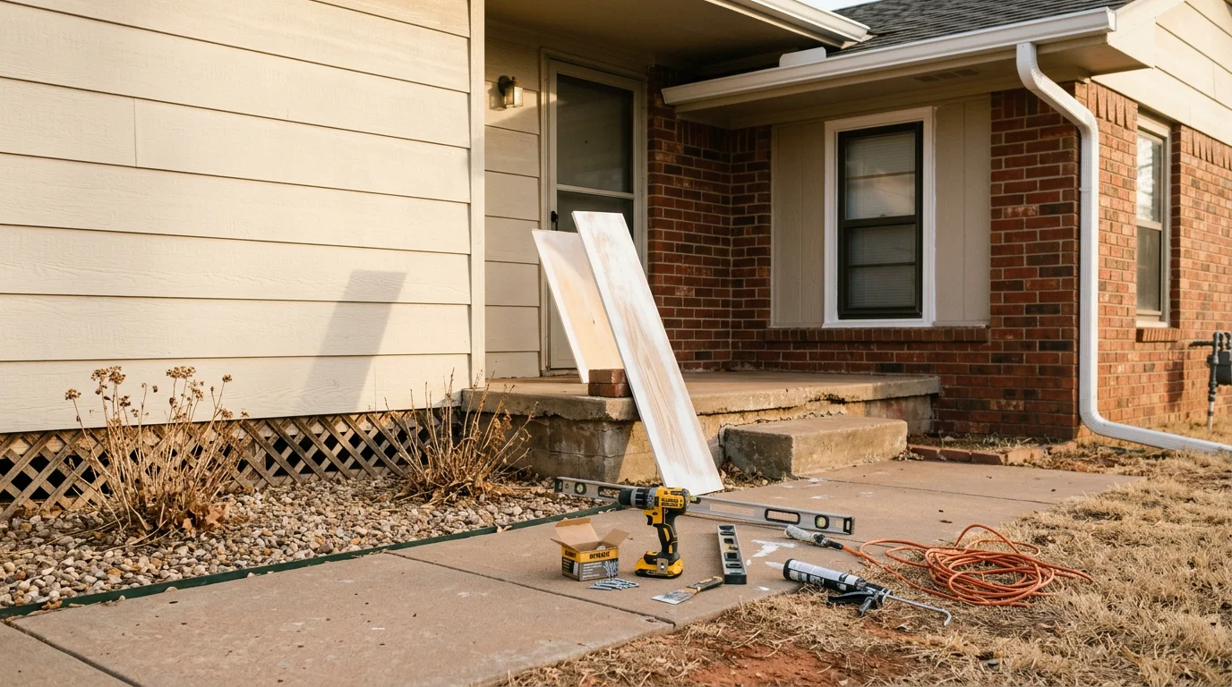 A handyman repairing a damaged door frame on a residential home in Norman, Oklahoma. The surrounding trim shows fresh caulk and the exterior siding is intact after storm season repairs.