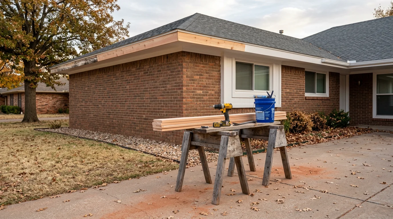 A repaired exterior wall and freshly sealed trim on a single-family home in Norman, Oklahoma. The work shows clean siding joints and tight fascia typical of post-storm repair in central Oklahoma neighborhoods.