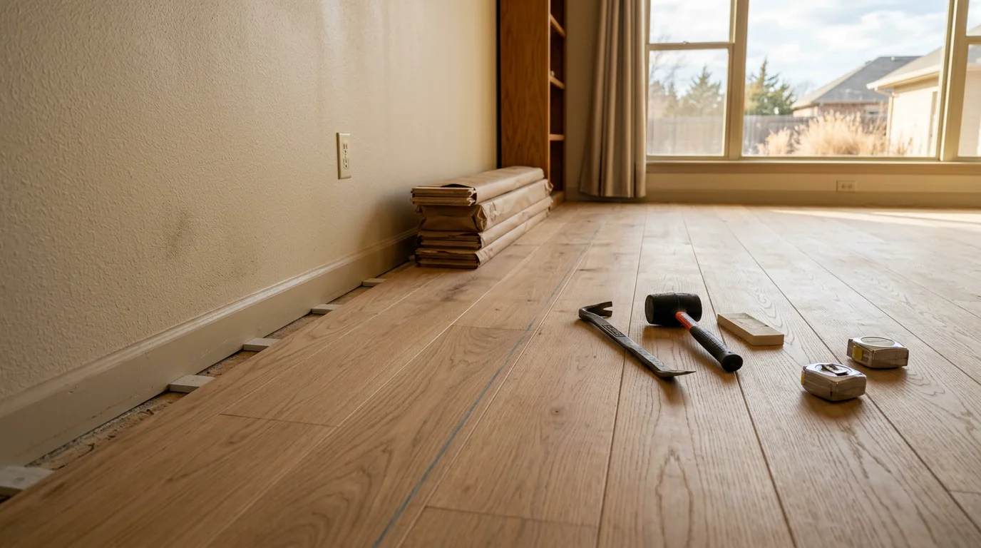 Freshly installed flooring in a Norman, Oklahoma home interior, showing clean plank lines running through a living area with natural light from a window. A general contractor completes the final trim work along the baseboard near the entryway.