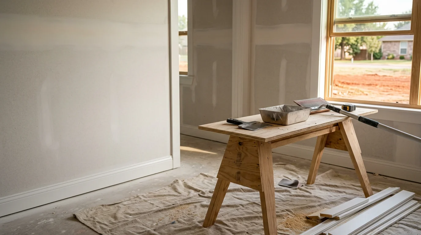 Freshly finished interior room in a Norman, Oklahoma home showing smooth painted walls, installed baseboards, and clean trim work around a doorway. The space reflects completed drywall and paint work typical of a residential remodel in the area.
