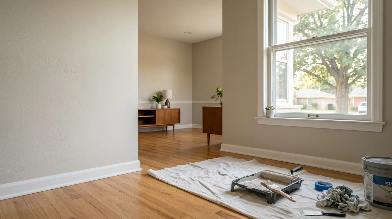 Freshly painted interior living room walls and white trim inside a single-family home in Norman, Oklahoma. Clean, even paint coverage on walls and ceiling with no visible brush marks or lap lines.