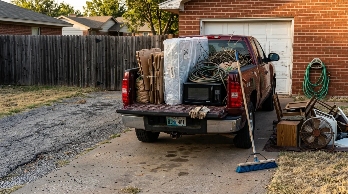 A cleared residential property in Norman, Oklahoma after junk removal, with an empty driveway and no remaining clutter or bulk items. A loaded haul-away truck is visible in the background near the curb.