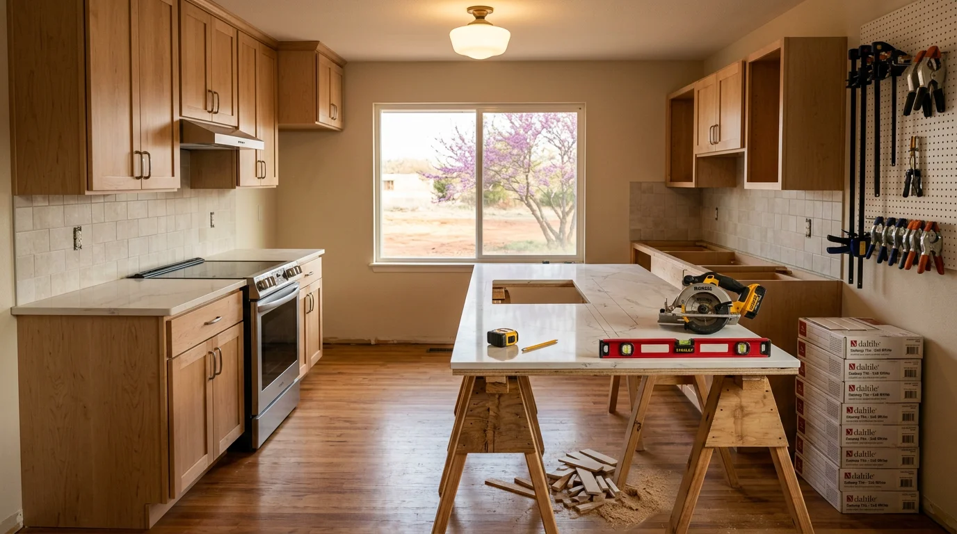 Remodeled kitchen in a Norman, Oklahoma home featuring updated cabinetry, new countertops, and an open layout. Work completed by Herndon Home and Property serving Norman and surrounding Cleveland County communities.