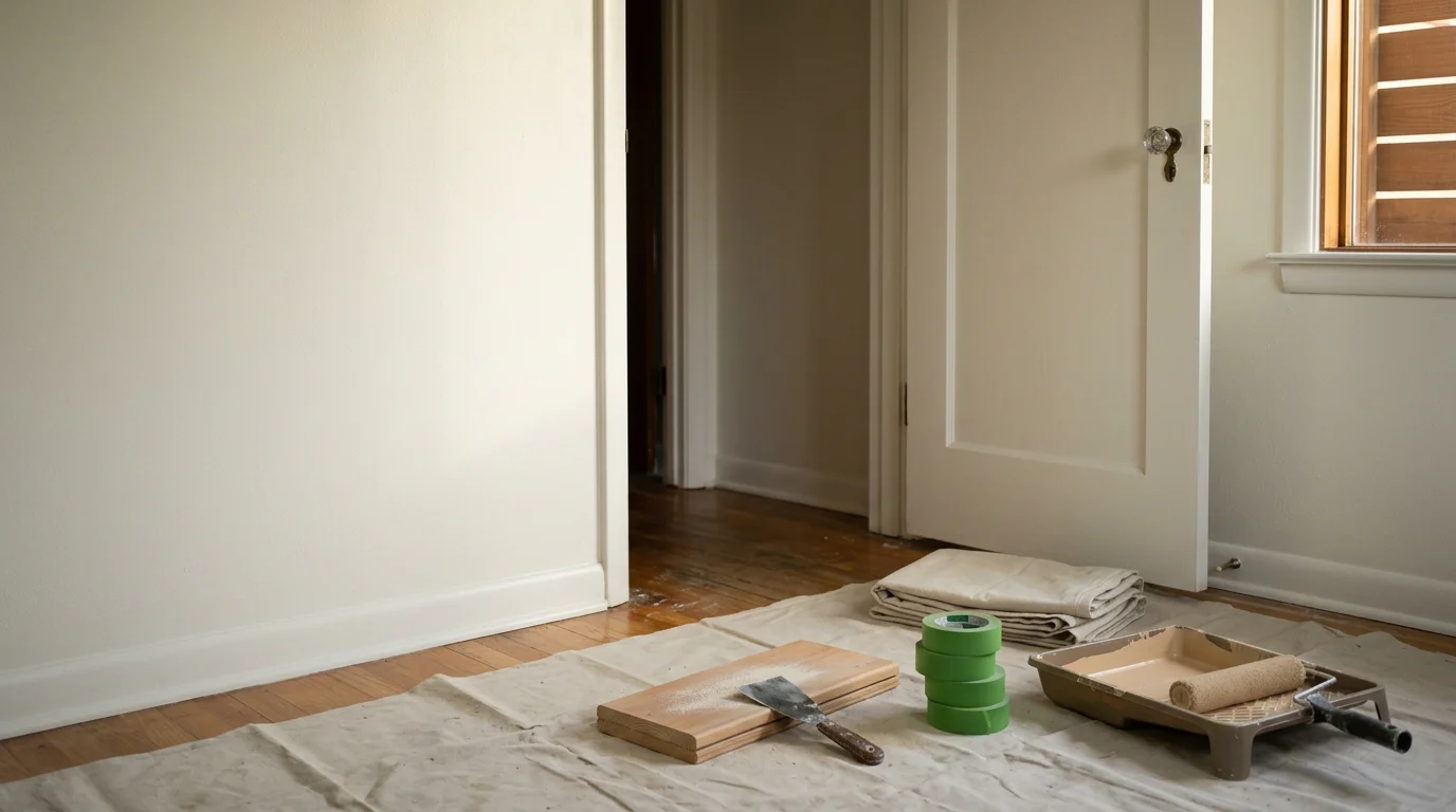 Interior room in a Norman, Oklahoma home with freshly painted walls, clean white trim, and protected hardwood floors during a professional painting job by Herndon Home and Property.