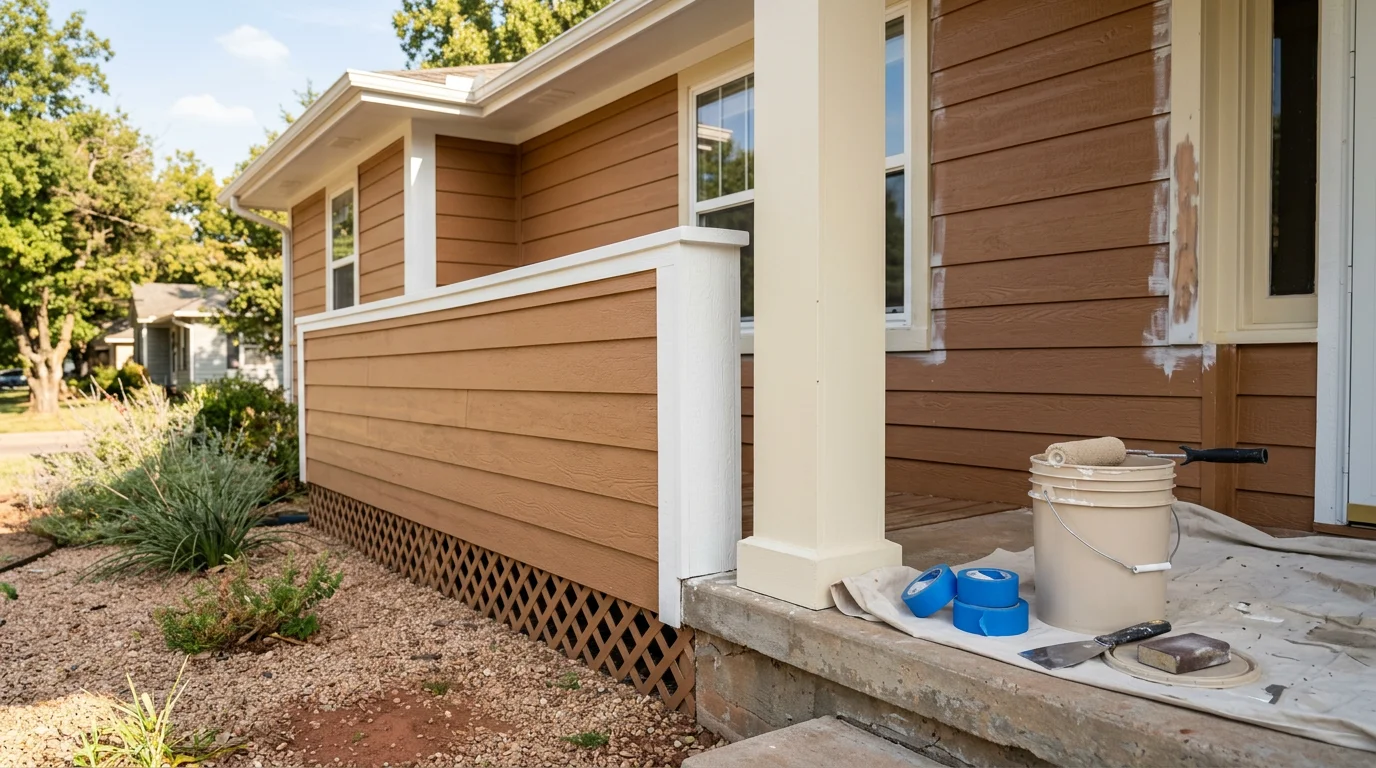 Freshly painted exterior of a residential home in Norman, Oklahoma, showing clean siding and trim with an even finish. The home sits in a suburban neighborhood typical of the central Oklahoma area.
