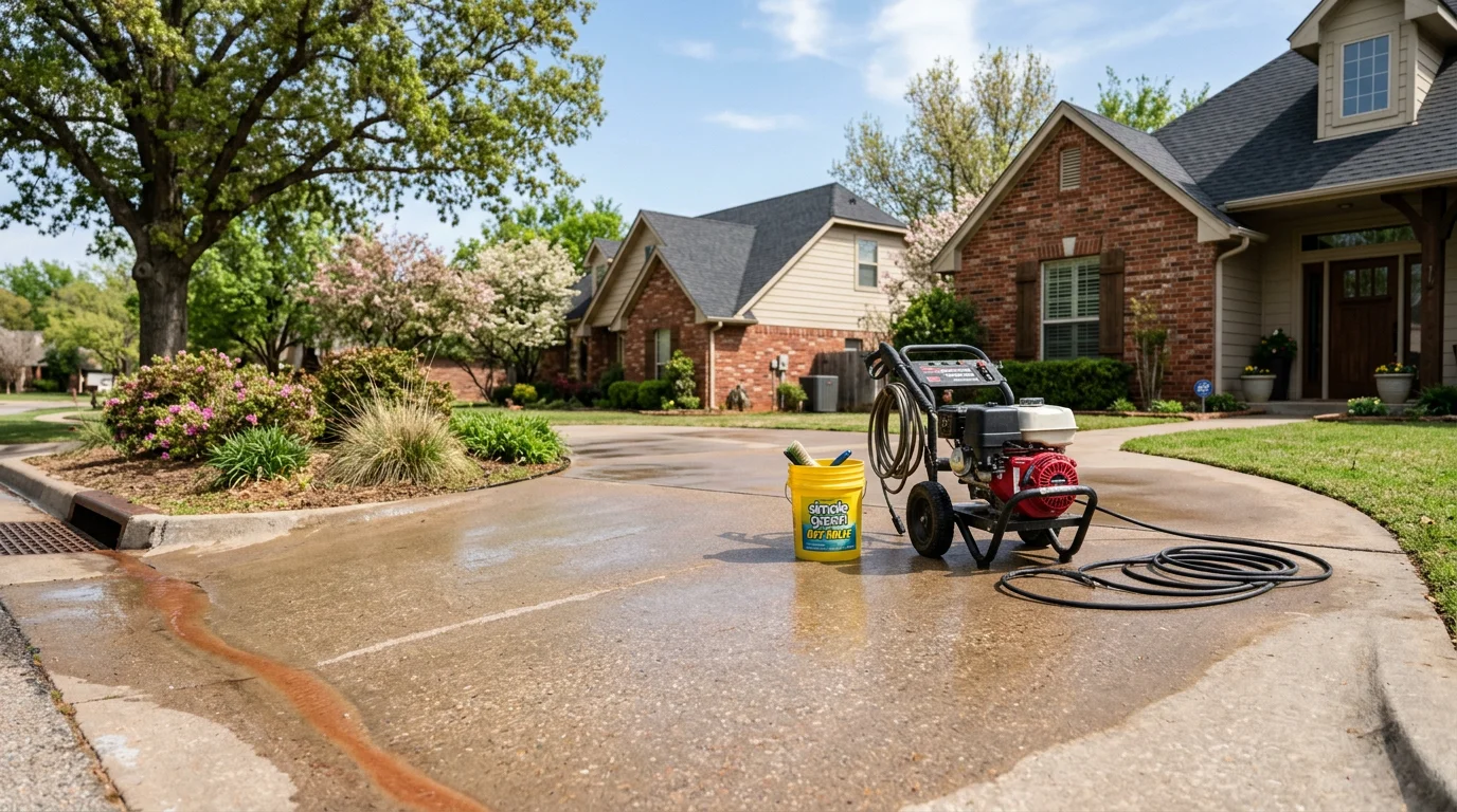 A professional power washing a concrete driveway at a residential home in Norman, Oklahoma, with red clay staining being rinsed away by high-pressure water. The home's brick exterior and green lawn are visible in the background.