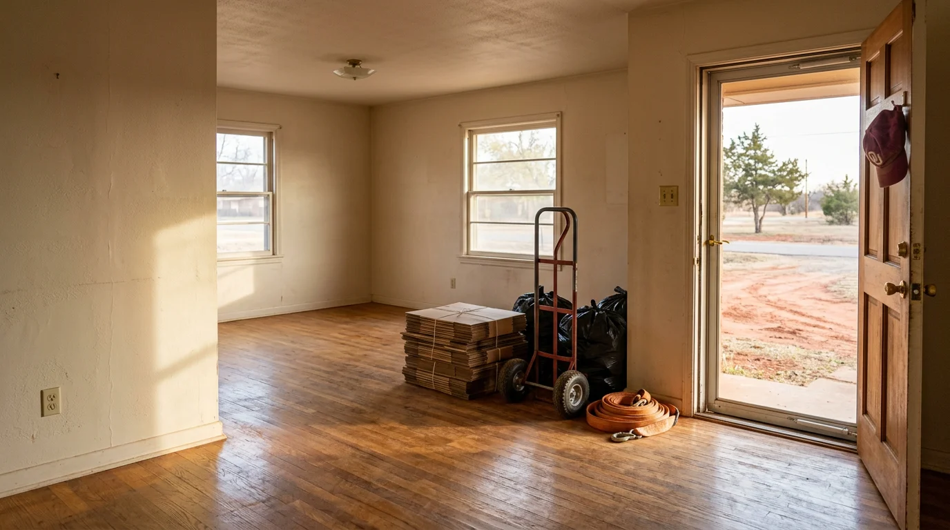 A cleared residential property interior in Norman, Oklahoma after a full property cleanout, with empty rooms and no remaining furniture or clutter. Herndon Home and Property crew completing a whole-home haul-out for a local homeowner.