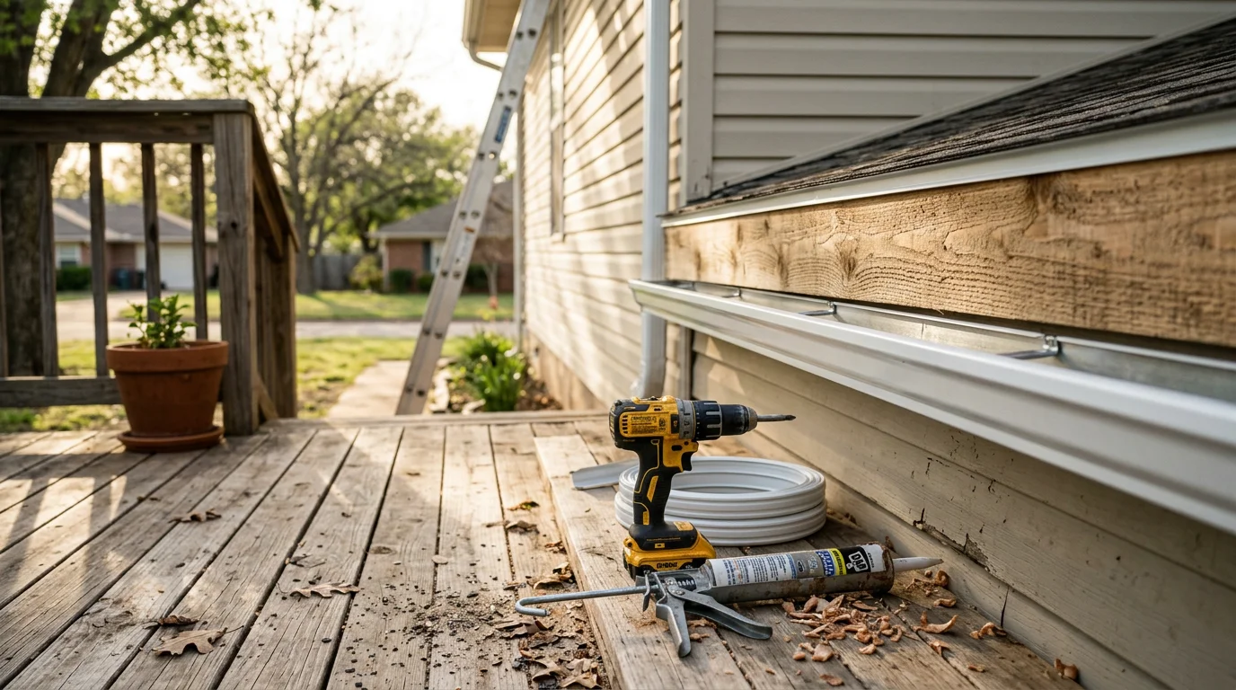A handyperson performing exterior property maintenance on a residential home in Norman, Oklahoma, clearing gutters and inspecting siding after a spring storm. The property shows clean grounds and well-maintained exterior surfaces typical of Cleveland County neighborhoods.