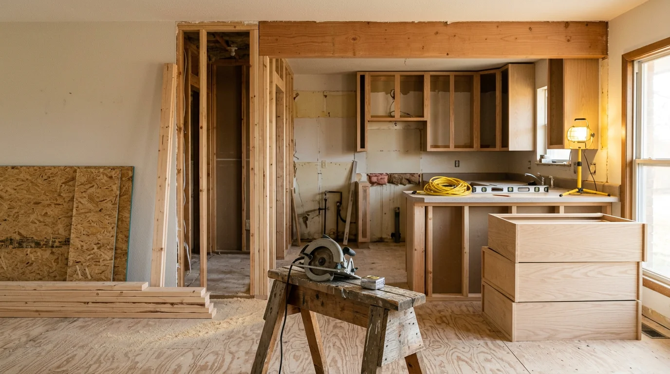 A remodeled kitchen interior inside a ranch-style home in Norman, Oklahoma, featuring updated cabinetry, new countertops, and refreshed flooring. The space reflects a practical renovation typical of older homes across the Norman and Moore area.