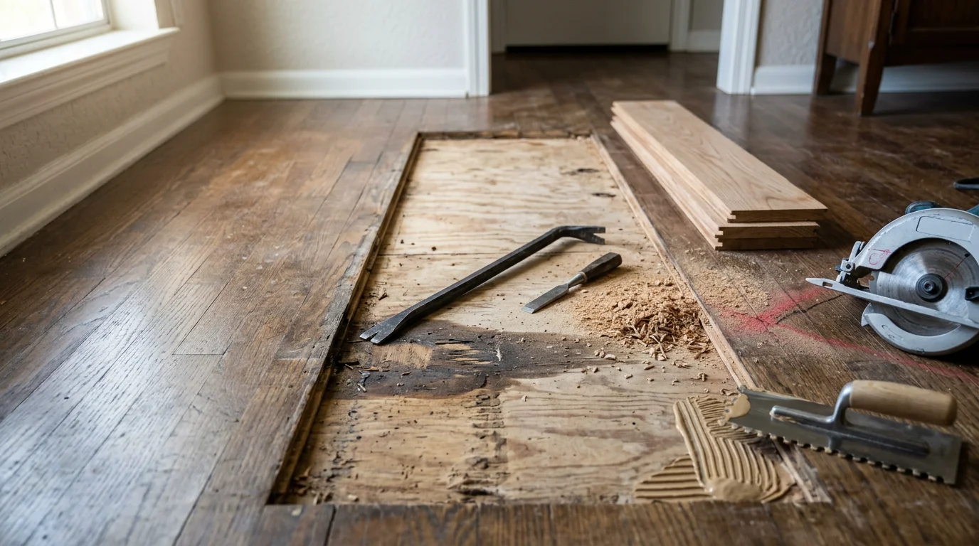 A repaired hardwood floor section in a Norman, Oklahoma home showing smooth, level boards with no visible gaps or water damage. A general contractor inspects the finished surface near a baseboard in a residential living room.