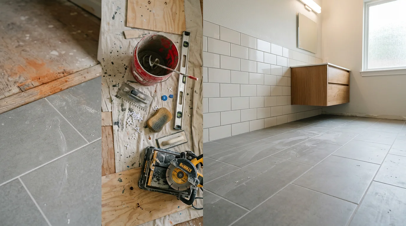 Freshly installed floor tile in a Norman, Oklahoma home bathroom, showing even grout lines and a clean, level surface. The tile extends from the floor to a tiled shower surround, with natural light from a window highlighting the finished installation.