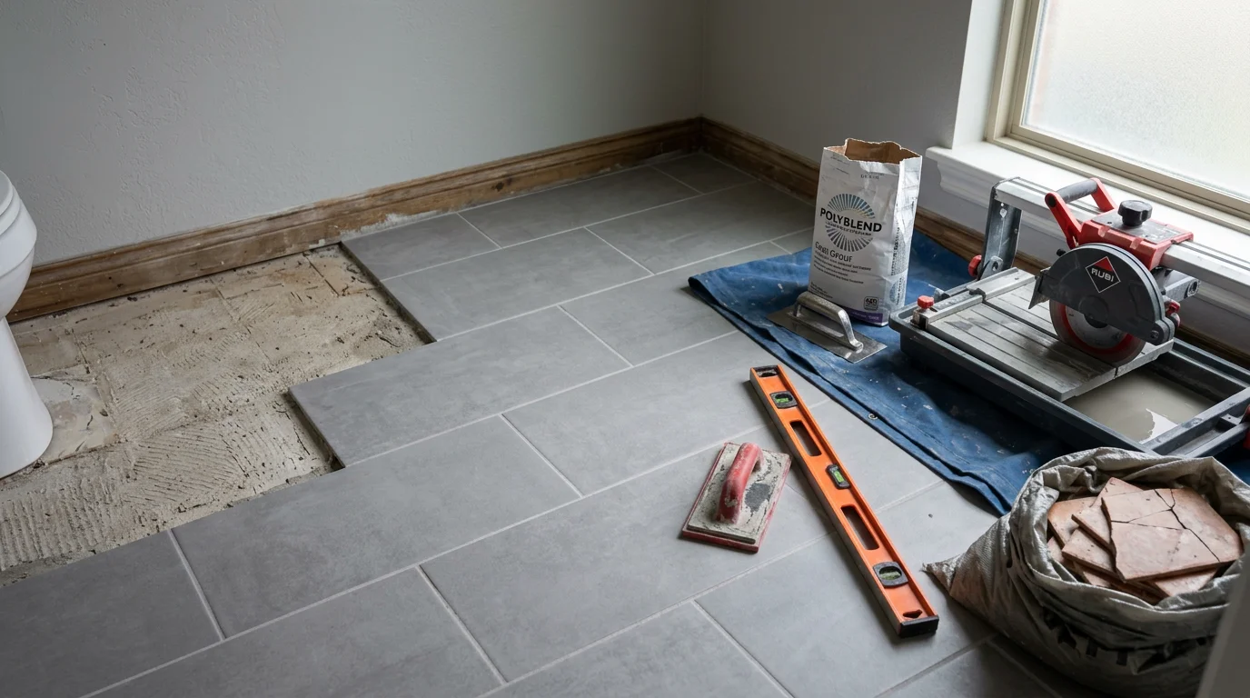 Freshly replaced floor tile in a Norman, Oklahoma bathroom, showing clean grout lines and a level surface after full tile removal and installation. A general contractor completes the finished edge where the new tile meets the wall.