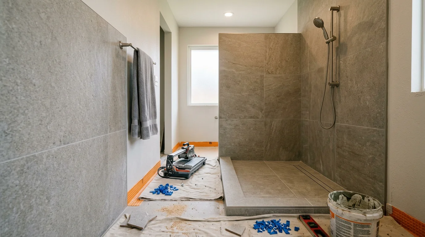 A finished custom walk-in shower with tile walls and a curbless entry installed by Herndon Home and Property in a Norman, Oklahoma home. The open layout replaces a former tub alcove in a pre-1990 residential bathroom.